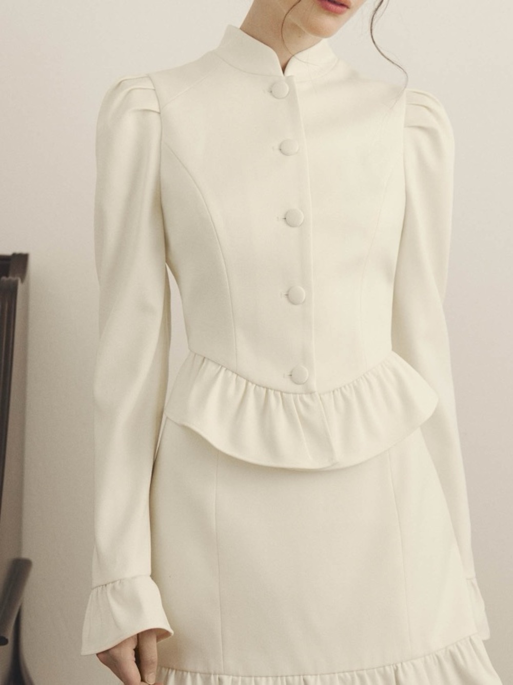 SHEIN MOD Flare Sleeve Ruffle Hem Puff Sleeve White Waisted Blouse NWT